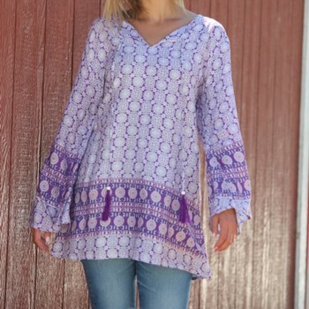 Purple & White Arabesque Tassle-Neck Tunic